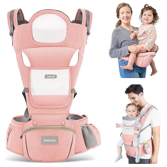 Baby Carrier with Hip Seat, Ergonomic M Position 6in1 Baby Carrier Newborn to Toddler,Head Support and Breathable Mesh Newborn Carrier,Adjustable Baby Holder Carrier for Dad&Mom-Pink