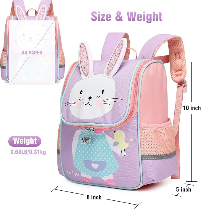 SUN EIGHT Toddler Lightweight Backpack for Girls Cute 3D Animal Waterproof Schoolbag for Baby Girl Boy 2-5 Years（Rabbit）