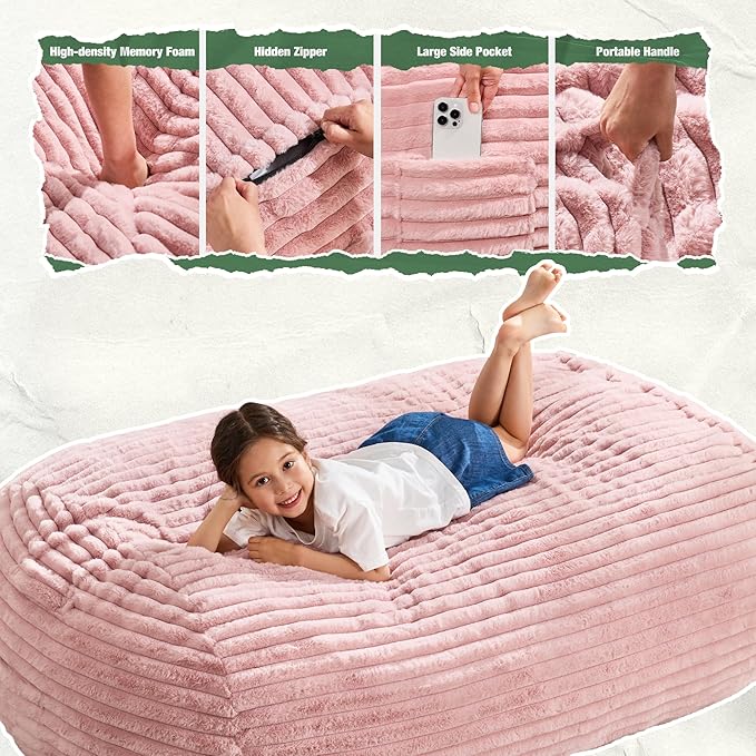 Hobestluk 3FT Bean Bag Chairs Adult Bean Bag with Portable Handle Comfy Large Bean Bag Chair with Removable Cover for Living Room Bedroom or Reading Nook (Stripe Pink, 3FT)
