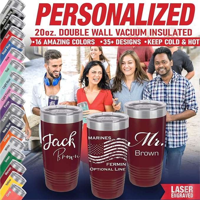 iProductsUS Personalized Tumbler with Slider Lid, Stainless Steel 20 oz Coffee Mug Engrave Names, Vacuum Insulated Custom Cup, Gift Idea for Dad, Husband, Him (Maroon)