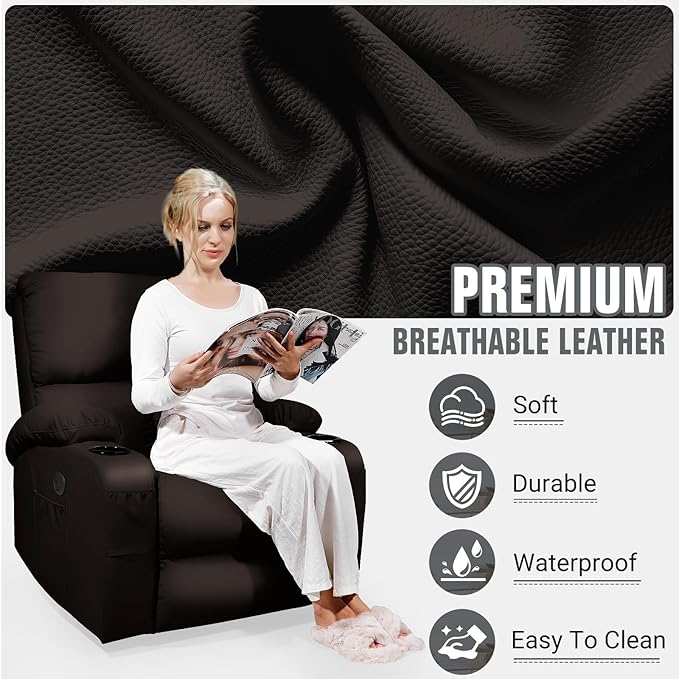 Rocking Recliner Chair, Massage Rocker Recliner Chair with Vibration Massage and Heat, USB and Type-C Ports,360° Swivel Faux Leather Chairs, Living Room, Bedroom, Nursery, RV, Brown