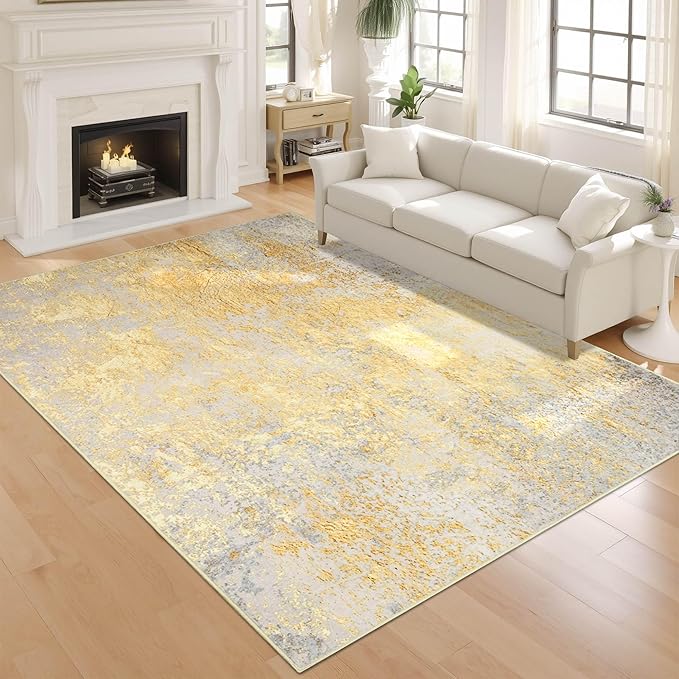 Living Room Rugs 6x9 Gold Washable Area Rug, Abstract Modern Bedroom Rugs Non Slip Stain Resistant Neutral Large Carpet for Nursery, Dining, Kids Playroom, Dining Room, Office