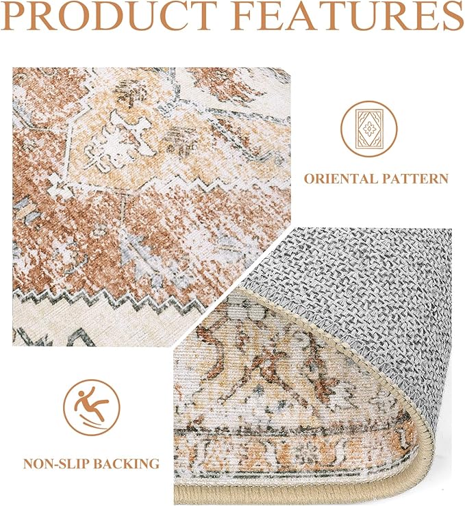 Lahome Boho Round Area Rug - 5Ft Machine Washable Round Bedroom Rugs Non-Slip Throw Large Round Rugs for Living Room, Oriental Distressed Print Circle Rugs for Office Dining Room Kitchen Classroom