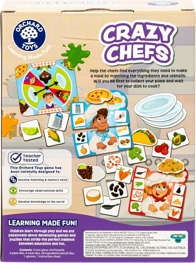 ORCHARD TOYS Crazy Chefs Game - New Art, Help The Crazy Chefs Gather Their Ingredients & Utensils to Prepare a Delicious Meal, The Player Whose Dish is Ready First Wins, Ages 3-6, for 2-4 Players