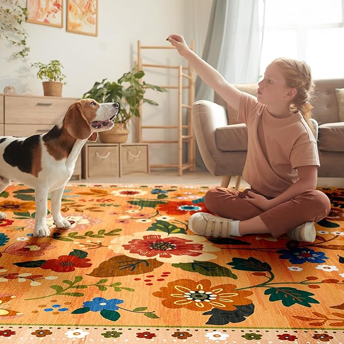 Floral 2x8 Area Rug Machine Washable Soft Print Boho Carpet Non Slip Doormat Low Pile Flower Area Rugs for Living Room Bedroom Nursery Kitchen Dining Room Indoor-Yellow/Orange