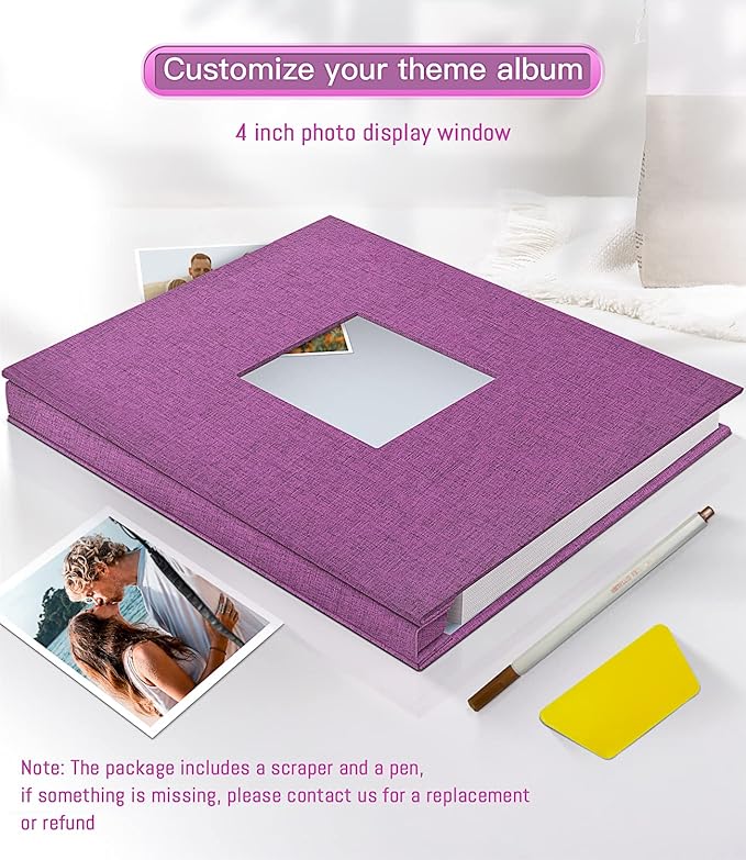 popotop Photo Album Self Adhesive with Picture Display Window,60 Pages DIY Scrapbooking Supplies Kit for 4x6 8x10 Picture,Linen Cover Memory Book for Baby Wedding, with Scraper and Metallic Pen