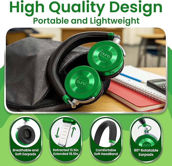 Puro Sound Labs JuniorJam Plus Volume-Limiting Wireless Bluetooth Headphones for Kids, Secure Audio with Adjustable On-Ear Design, 22-Hour Battery, Ideal for Tablets, Smartphones & PCs - Green