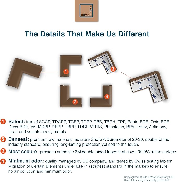 Roving Cove Slim-Fit Corner Protector for Baby Proofing (8 Small Corners), Soft Rubber Foam Furniture Corner Bumper Guards, 3M Adhesive Pre-Taped, Coffee Brown