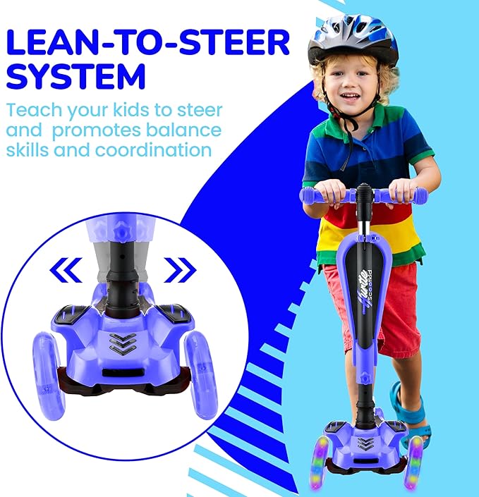 Hurtle 3-Wheeled Scooter for Kids - Wheel LED Lights, Adjustable Lean-to-Steer Handlebar, and Foldable Seat - Sit or Stand Ride with Brake for Boys and Girls Ages 1-14 Years Old