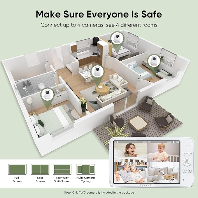 bonoch MegaView Baby Monitor, 10" Video Monitor with 2 Cameras, 10000mAh Battery, Quad Split Screen Baby Monitor with Camera and Audio, VOX Mode, Auto Night Vision, Remote PTZ, Hack Proof