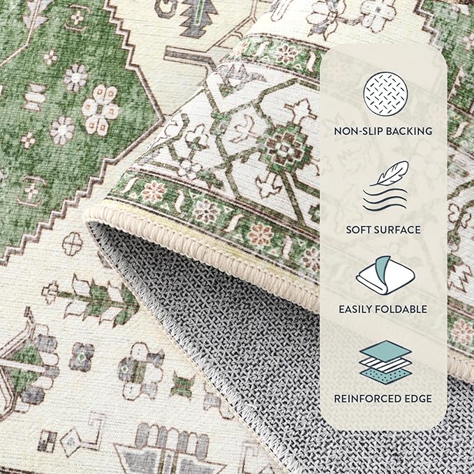 Lahome Boho Green Hallway Runner - 2x6 Washable Kitchen Runner Rug Non-Slip, Ultra-Thin Vintage Print Carpet Rug for Entryway Bedroom Laundry Room (Green, 2'x6')