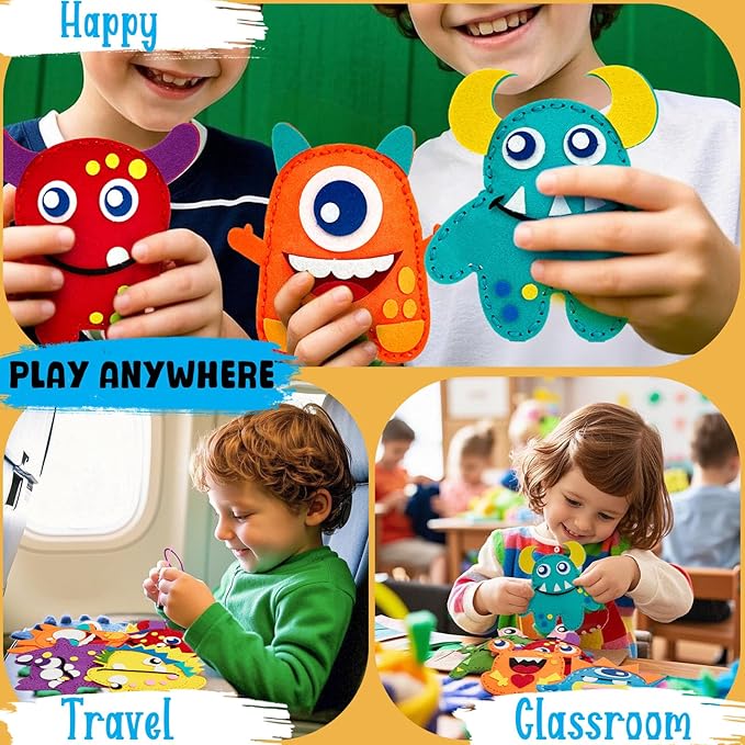 TUZT My First Sewing Kit for Kids - Monster Sewing Craft Kit for Beginners with 12 Pre-Cut Monster Plush Toys, Scissor, Plastic Needles & Thread, DIY Felt Crafts Project for Girls & Boys Ages 4-12
