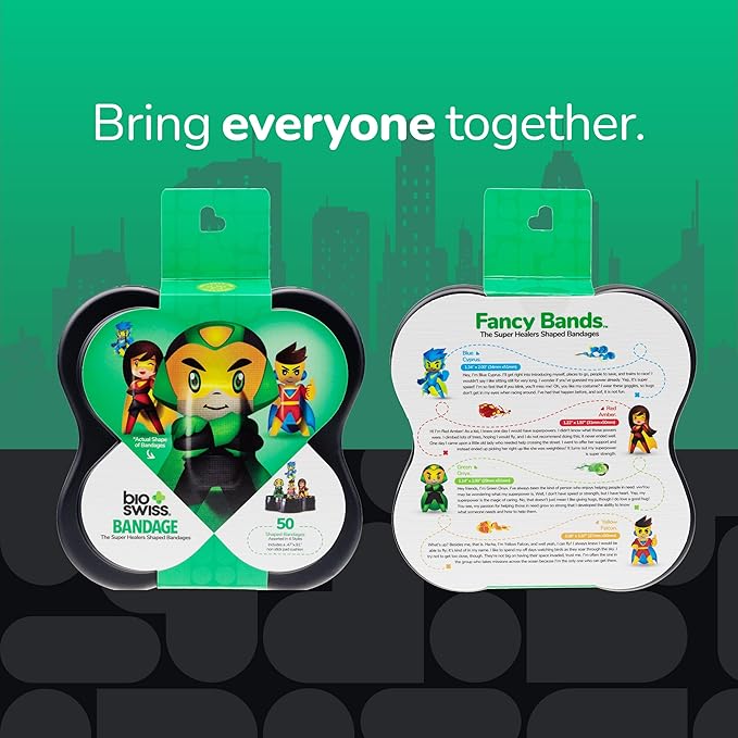 BioSwiss Bandages, Super Healers Superhero Shaped Self Adhesive Bandage, Latex Free Sterile Wound Care, Fun First Aid Kit Supplies for Kids and Adults, 50 Count