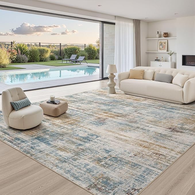 Area Rug for Living Room: 7x9 Washable Neutral Abstract Modern Soft Rugs Non Slip Indoor Floor Stain Resistant Large Carpet for Bedroom Dining Room Office Nursery - Blue Brown