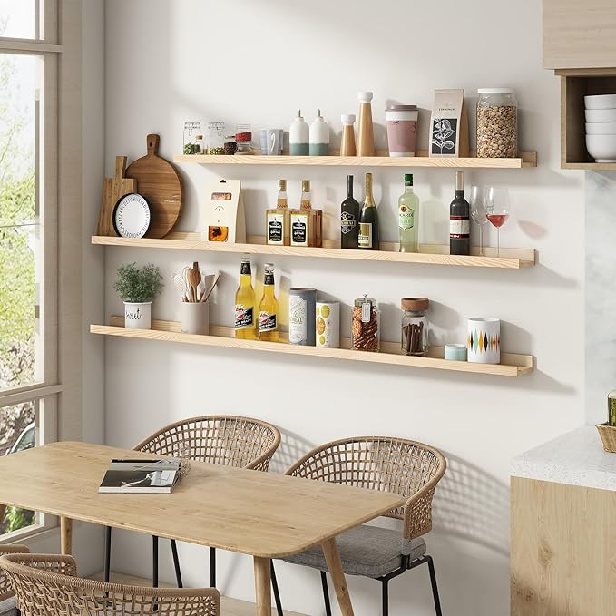 Picture Ledge Shelf, Floating Shelves Set of 2, Solid Pine Wood 72'' Long Large Nursery Book Shelves for Toys Storage, Kids Bookshelf for Living Room Bedroom Decor Books Photo Frames, Natural