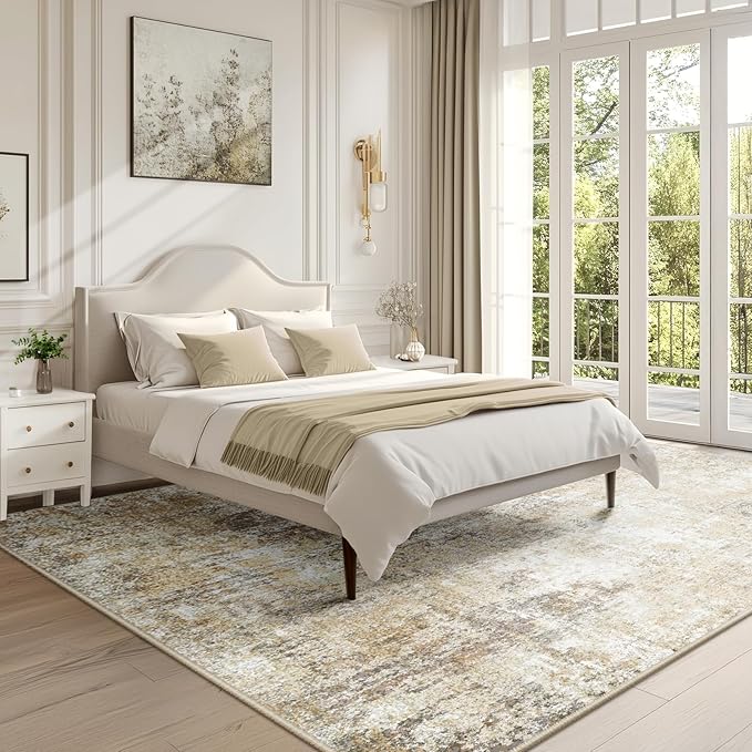 Washable Area Rugs 6'x9' Non-Slip Modern Abstract Soft for Living Room Entryway Bedroom Nursery, Print Pattern, Neutral Brown Gray