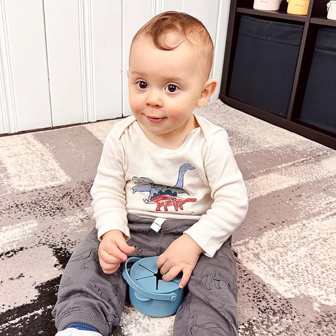 Snack Cups for Toddlers, Baby Snack Containers, Silicone Toddler Snack Cups No Spill, Food Catcher with Lid & Bucket-like Handle, BPA Free & Dishwasher Safe, 9 Ounce Smoke Blue