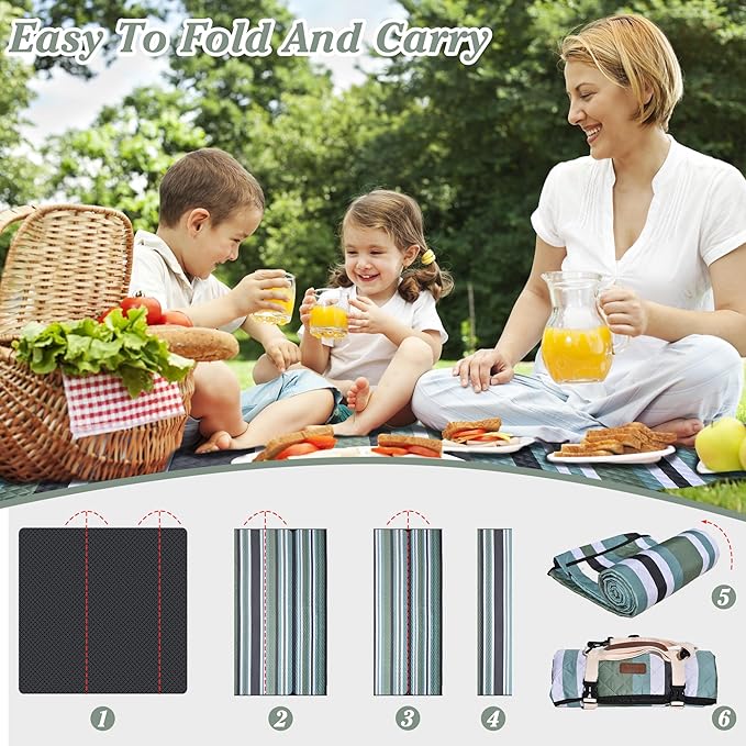 Waterproof Picnic Blanket 80" x 60" in Portable with Carry Strap for Beach Mat or Family Outdoor Camping Party, Park Blanket for Grass Park, Hiking, Travel, Concerts (Green&White, 80" x 60")