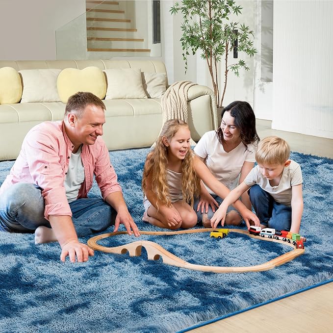 Ultra Soft Rug for Living Room, 3X5 Fluffy Shag Area Rug for Bedroom, Modern Shaggy Carpets Fuzzy Rug for Teens Dorm Nursery Home Decor Aesthetic, Upgrade Anti-Skid Durable, Tie-Dyed Blue Grey