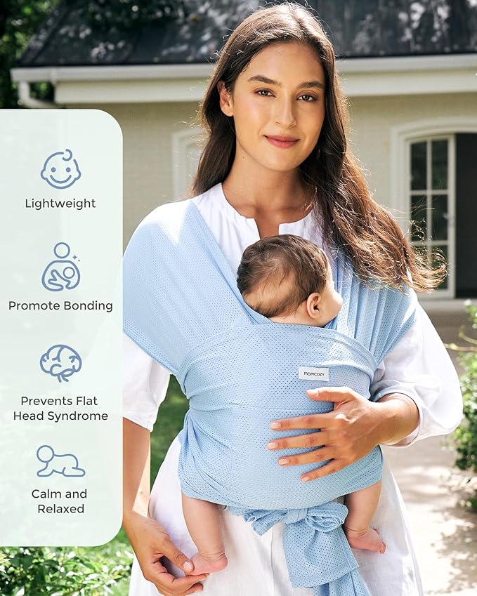 Momcozy Baby Carrier AirMesh - The Perfect Summer Water Sling for Newborns to Toddler 8-35 lbs - Cooling, Breathable and Lightweight Baby Wrap, Nice for Summer, Pool, Beach, Swimming, Light Blue