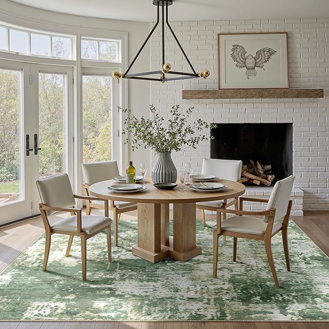 Washable Area Rugs 8'x10' Non-Slip Modern Abstract Soft for Living Room Entryway Bedroom Nursery, Print Pattern, Light Green/Yellow