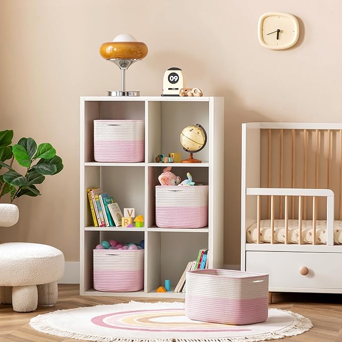 UBBCARE 4 Pack Baskets for Organizing, Woven Storage Baskets for Toys and Towel, Rectangle Cotton Rope Basket with Handles, 15''L x10''W x9''H, Pink