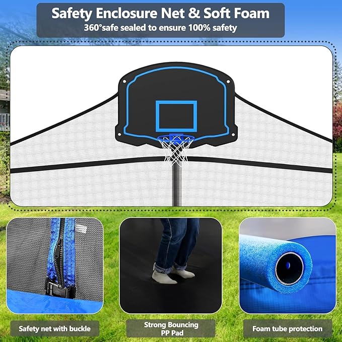 Upgraded 10/12/14/15/16FT Trampoline Outdoor, Large Kids Trampoline with Light, Stakes, Sprinkler, Backyard Trampoline with Basketball Hoop and Net, Capacity for 4-6 Kids and Adults