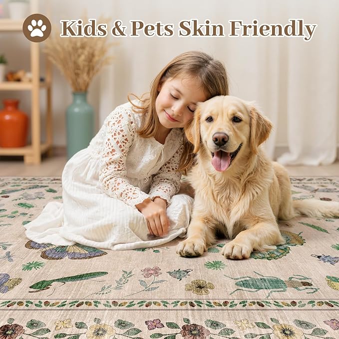 5x7 Washable Area Rug with Insect Print - Bug Rug Non-Shedding Stain Resistant Soft Carpet for Bedroom, Low Pile Ultra-Thin Machine Washable Carpet for Dining Room, Kids Nursery, Office (5'x7' Beige)
