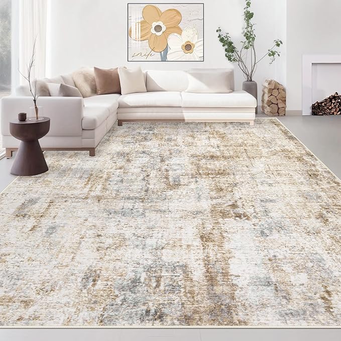 Area Rugs 9x12 Living Room: Washable Rug Modern Abstract Large Rugs Soft Non Slip Neutral Rug Stain Resistant Indoor Carpet for Bedroom Kitchen Dining Room Home Office Rugs(Blue Brown,9'x12')