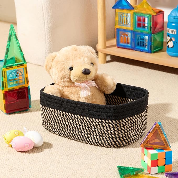 Small Storage Baskets for Organizing | Closet Organizer Bins | Shelf Toy Basket | Woven Rope Baskets | Cube Decorative Box | Shallow Basket | 11.5x7.5x4.7” | 4 Packs Black Brown