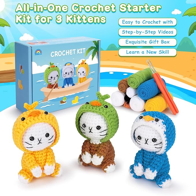 Crochet Kit for Beginners, 3 Pack Duck Cat Crochet Kits with Step-by-Step Video Tutorials, Beginner Crochet Kit for Adults Kid, Crochet Animal Kit for Starters, DIY Craft Gift for Cat Lover
