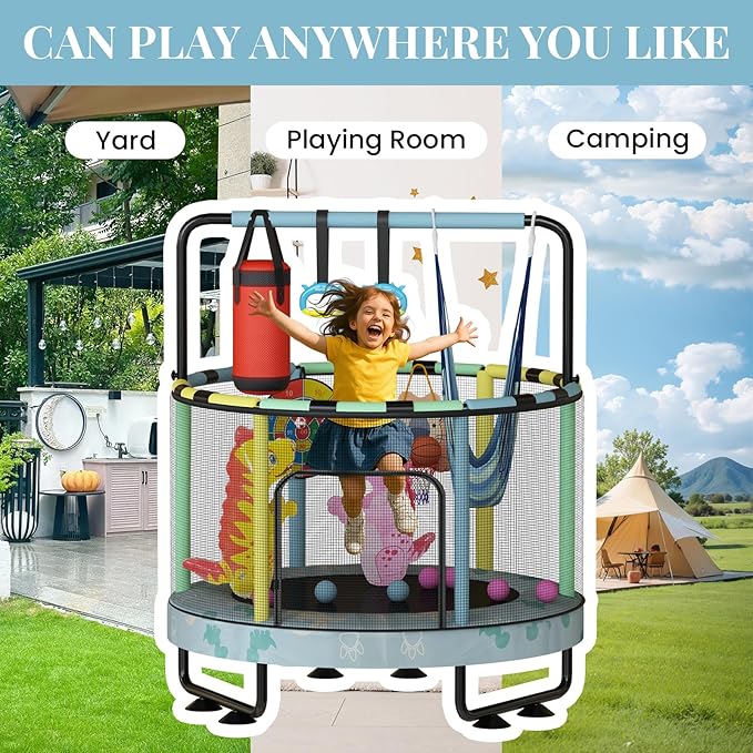 LAMERGE 55" 7-in-1 Round Trampoline for Kids Boys & Girls Ages 1-8, Indoor & Outdoor Trampoline for Fun, Adjustable Height Handrail ＆ Enclosed Safety Net ＆ Durable Designs for Toddlers Children