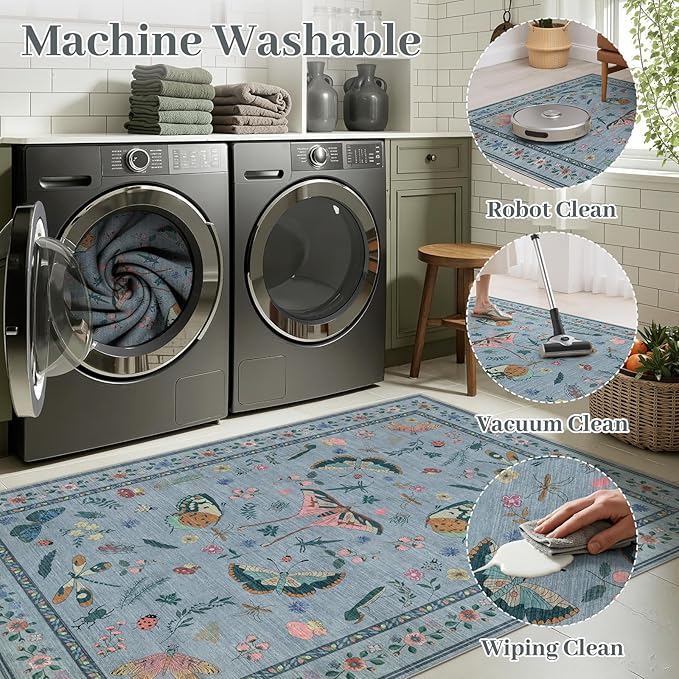 4ft Washable Round Rug - Bug Rugs for Living Room Non-Slip Low Pile Soft Ultra-Thin Machine Washable Circle Carpet for Bedroom, Entryway, Nursery, Kitchen, Home Office (4' Round Blue)