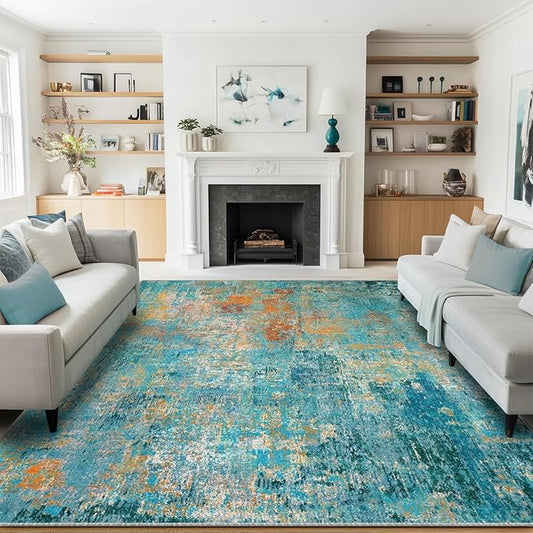 Washable Area Rugs 9'x12' Non-Slip Modern Abstract Soft for Living Room Entryway Bedroom Nursery, Print Pattern, Teal Blue Green Orange Rust Red Colorful