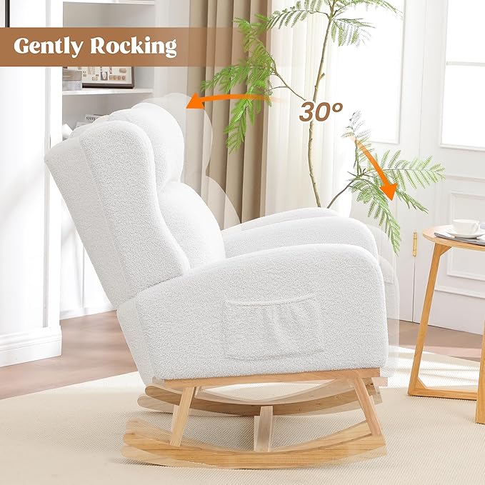 Rocking Chair Nursery, Nursing Rocking Chairs for Mom Nursery, Comfy Wingback Glider Rocking Armchair with Side Pocket for Nursery Living Room Bedroom, Teddy White