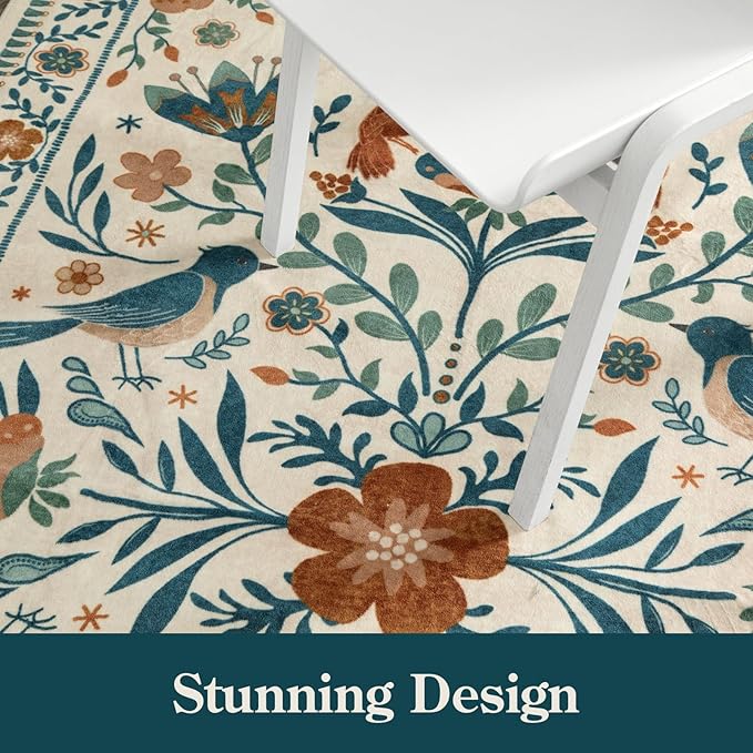 Moynesa Boho Bird 9x12 Area Rug Washable 9x12 Rugs for Living Room, Large Floral Bedroom Carpet Low-Pile Soft Animal Playroom Rug, Jungle Pattern Indoor Carpet for Dining Room Nursery