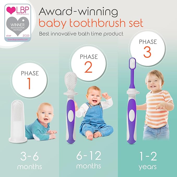 Cherish Baby Care Baby Toothbrush & Toddler Toothbrush Set (0-2 Years) - BPA-Free & Safety-Tested, 2023 Award Winner, Food-Grade Silicone (Purple)