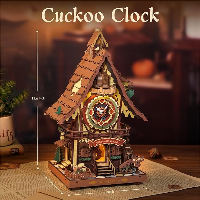 ROKR 3D Wooden Puzzles for Adults, Cuckoo Clock Model Kit, Room Home Decor DIY Watch Making Kit Functional Mechanical Building Toys, Hobbies Birthday Christmas Day Gifts for Men Women Kids 14+