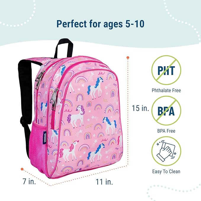 Wildkin 15-inch Kids Backpack – Durable, Padded, Adjustable for School & Travel - Rainbow Unicorns