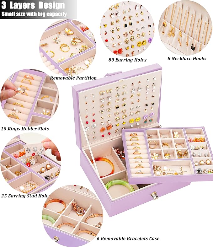 Girls Jewelry Box Earring Holder Organizer for Girls Earring Organizer Teen Jewelry Box Organizer for Girls Purple jewelry Boxes for Earrings Necklaces Rings Stud Earrings Box Organizers Teens