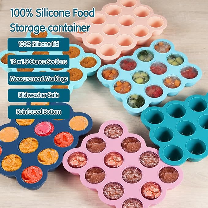 Baby Food Storage 12 x 1.5OZ Silicone Freezer Tray with Lid, Food Grade Silicone Containers for Purees & Vegetables Midnight Blue
