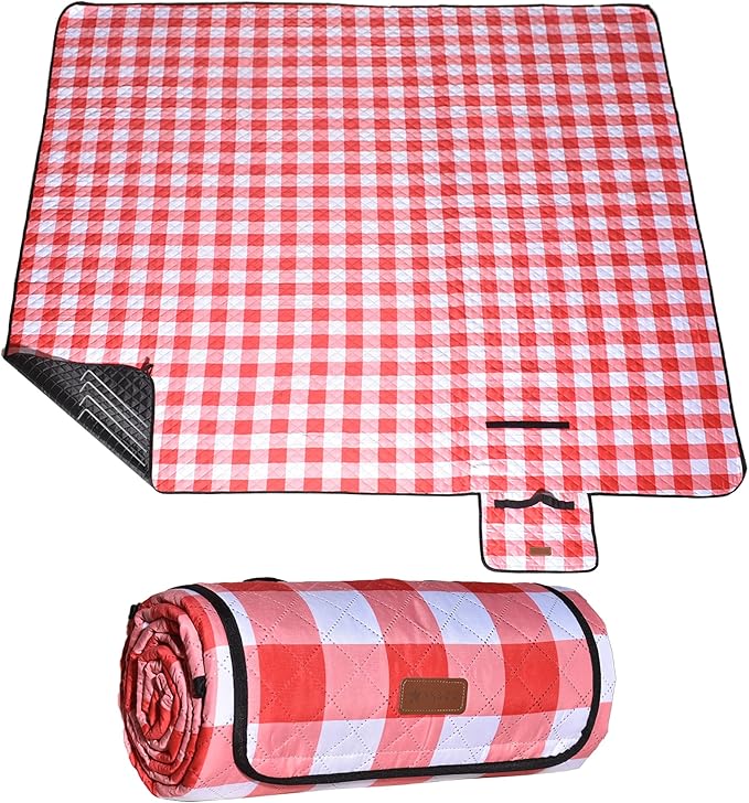 HX&OD Outdoor Picnic Blanket, Extra Large, 80''x60'' Waterproof Foldable Blankets Gingham Picnic Mat for Beach, Camping Grass Lawn Park Accessories Cute Couple Ideas Wedding (Red, 80”x60”)