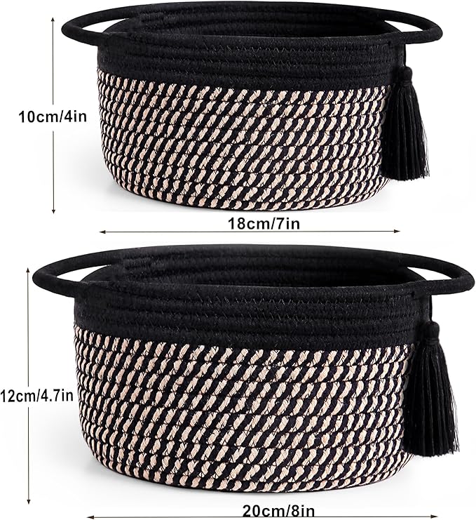 Empty Gift Basket - SweetMemo Mini Woven Rope Organizer Baskets for Baby Shower, Vanity, Makeup Brushes, Bathroom, Shelves, Desk - Small Decorative Storage Bins - Set of 2, Pre-Shaped, Black Brown