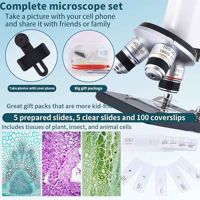 Microscope 40X-2500X Magnification with 4.3-inch Display, Wide-Angle 10X and 25X eyepieces, and Built-in 5-megapixel Camera for School Labs, Animal Husbandry (White)