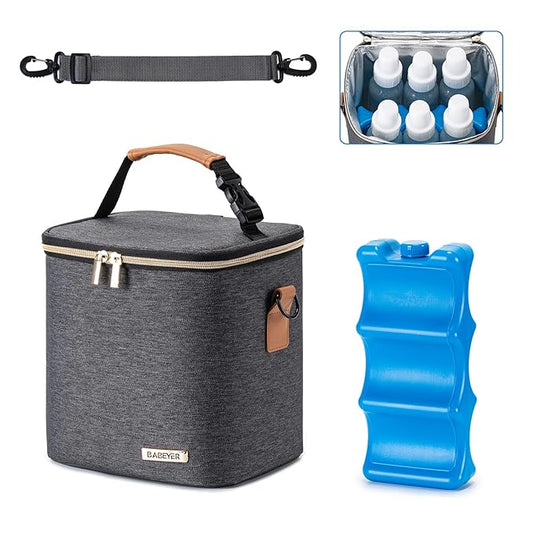 Breastmilk Cooler Bag with Ice Pack Fits 6 Baby Bottles Up to 9 Ounce, Baby Bottle Bag with Shoulder Strap for Nursing Mom Daycare,Dark Grey
