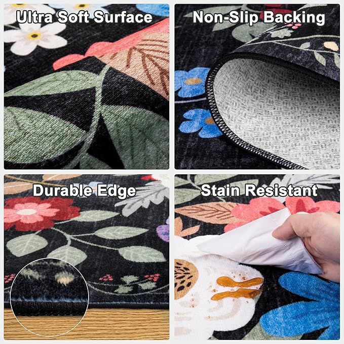 Runner Rug for Entryway: 2x6 Kitchen Rugs Non Slip Washable Ultra-Thin Soft Floral Carpet Indoor Floor Stain Resistant Carpets for Hallway Bedroom Kitchen Laundry Bathroom Dorm Black