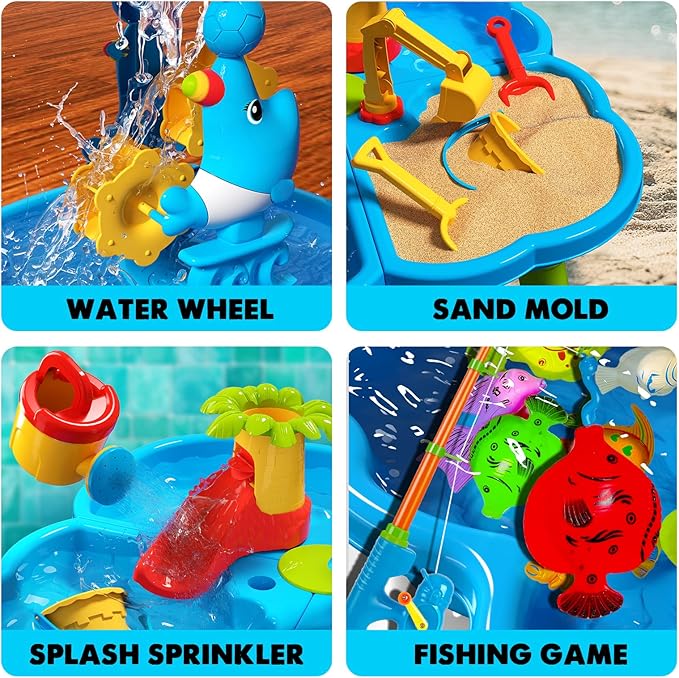 CozyBomB™ Water Table for Toddlers 3-5 | Outdoor Toys Water Play Table, Magnetic Fishing Toy Game, Summer Splash Pond Showers Sand Activity, Sensory Party Birthday Gift Kids Ages 4-8 9-12 (1-Tier)