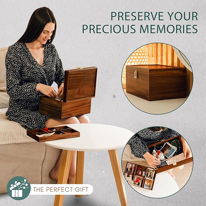 Public House Locking Wooden Keepsake Box, Customizable Design With Adjustable Tray. Large Wooden Box with Hinged Lid for Wedding and Memory Keepsakes