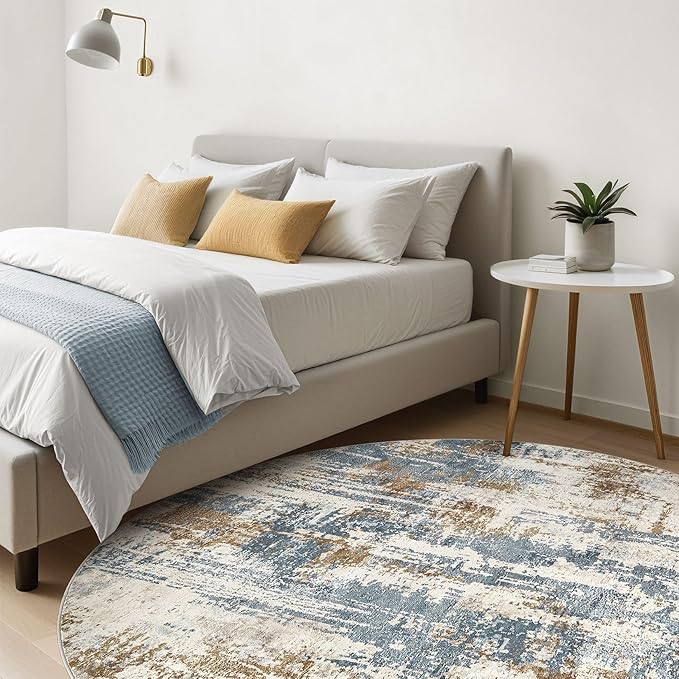 Round Rug Living Room Rugs: 10Ft Washable Circle Large Abstract Modern Soft Stain Resistant Non Slip Indoor Floor Carpet for Bedroom Nursery Office Dining Room Dorm Home House Decor- Tan Blue