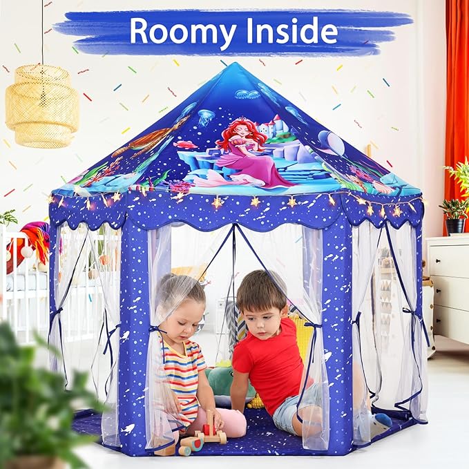 Monobeach Mermaid Princess Tent Girls Blue Large Playhouse Kids Castle Play Tent with Star Lights Gift Toy for Children Indoor and Outdoor Games